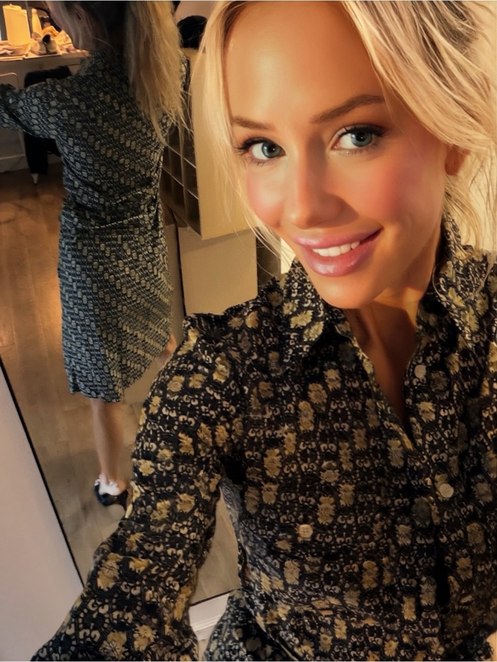 KORS Michael Kors Navy and Yellow Printed Midi Shirt Dress